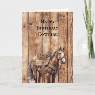 Faux Wood Western Cowboy Cowgirl Horse Birthday Card