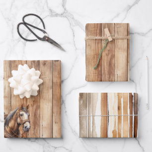 Faux Wood Western Cowboy Cowgirl Horse Birthday Wrapping Paper Sheets