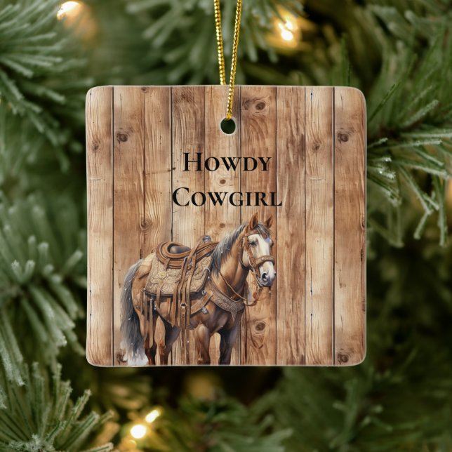 Faux Wood Western Cowboy Cowgirl Horse Christmas Ceramic Ornament (Tree)