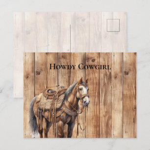 Faux Wood Western Cowboy Cowgirl Horse Howdy Postcard