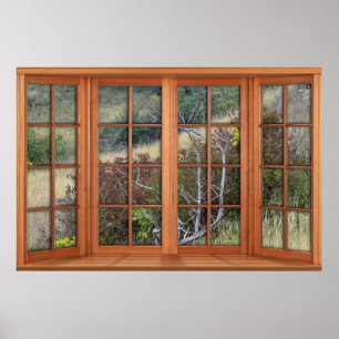 Faux Wooden Bay Window Illusion - Grassy Landscape Poster