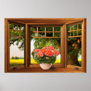 Faux Wooden Bow Window Illusion - Summer View Poster