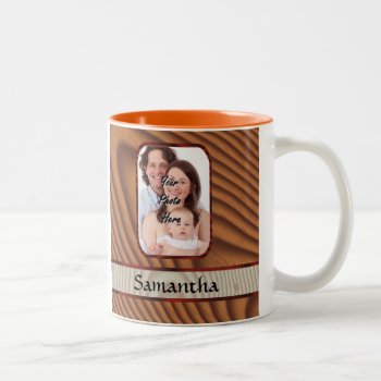 Faux Wooden Personalized Photo Two-tone Coffee Mug by photogiftz at Zazzle