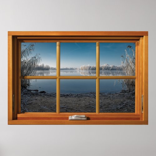 Faux Wooden Window Illusion _ Frosty Winter View Poster