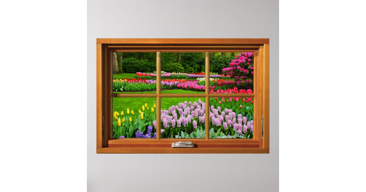 Faux Wooden Window Illusion - Spring Garden Poster | Zazzle