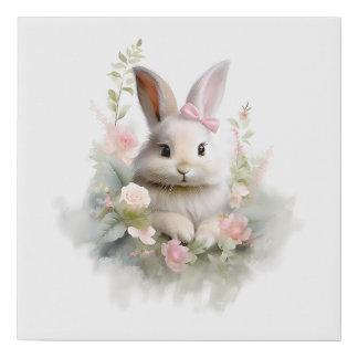 Faux Wrapped Canvas Print Bunny and Flowers