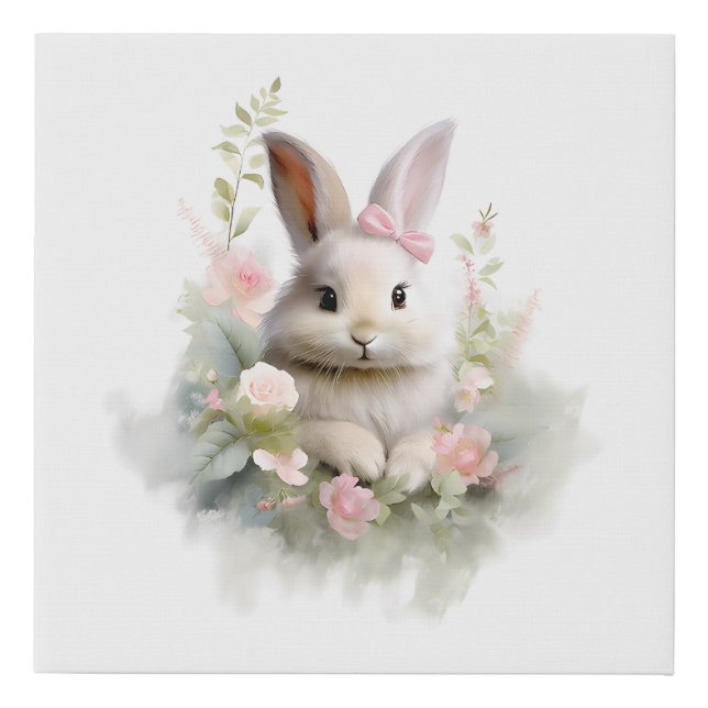 Faux Wrapped Canvas Print Bunny and Flowers (Front)