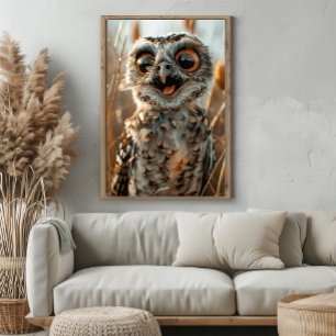 Faux Wrapped Canvas Print Cute Funny Smiling Owl