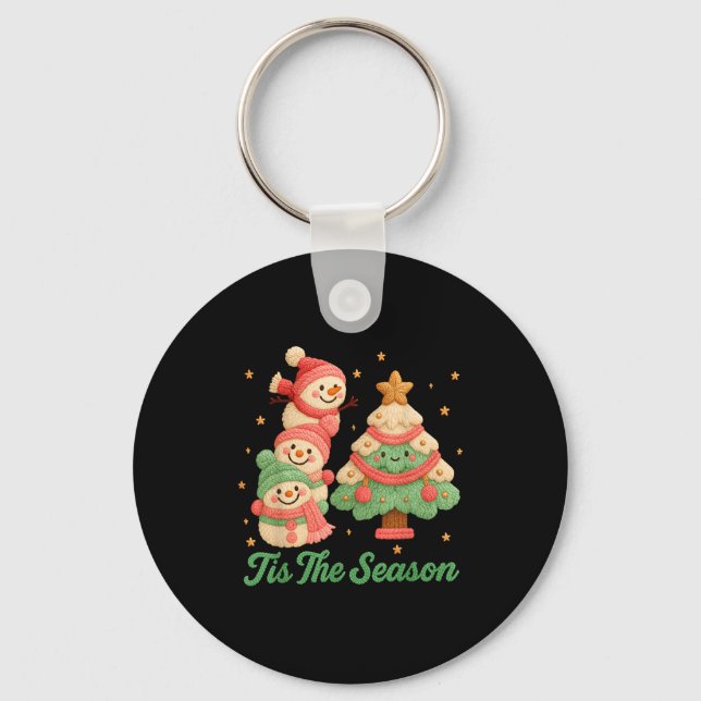 Faux Yarn Crochet Snowman And Christmas Tree  Keychain (Front)