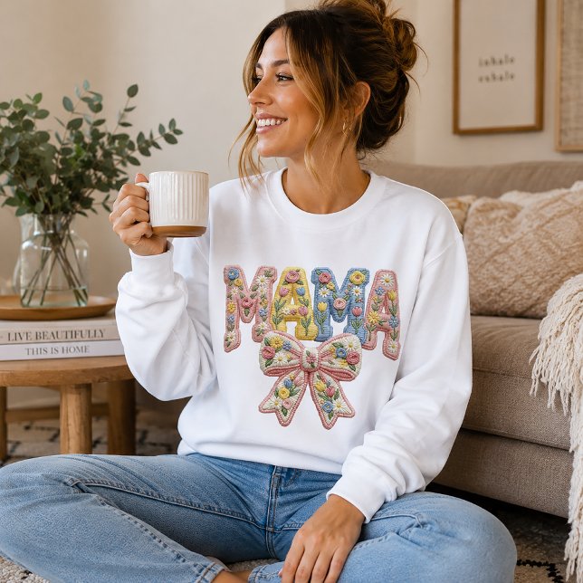 Faux Yarn & Embroidery MAMA with Bow Sweatshirt (Creator Uploaded)