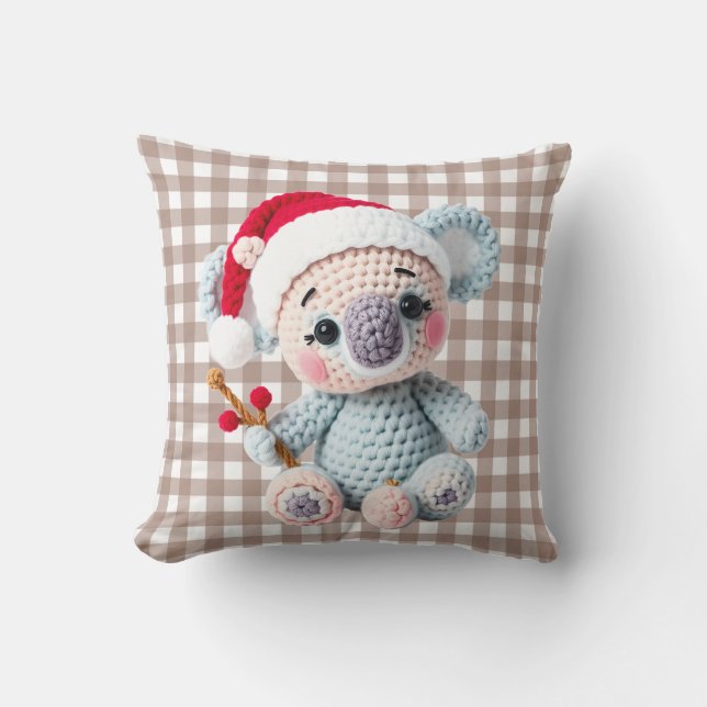 Faux Yarn Notch-Hook Koala Christmas Design Throw Pillow (Front)
