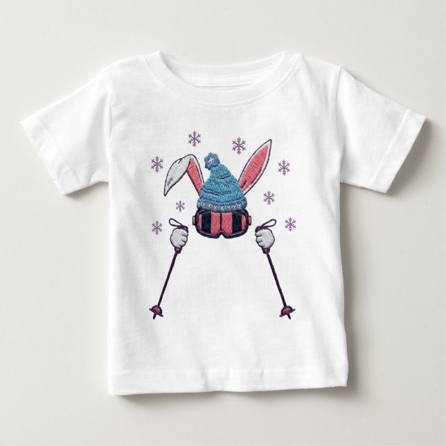Faux yarn skiing rabbit winter humor baby T-Shirt (Front)