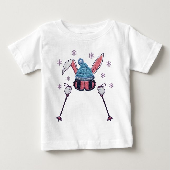 Faux yarn skiing rabbit winter humor baby T-Shirt (Front)