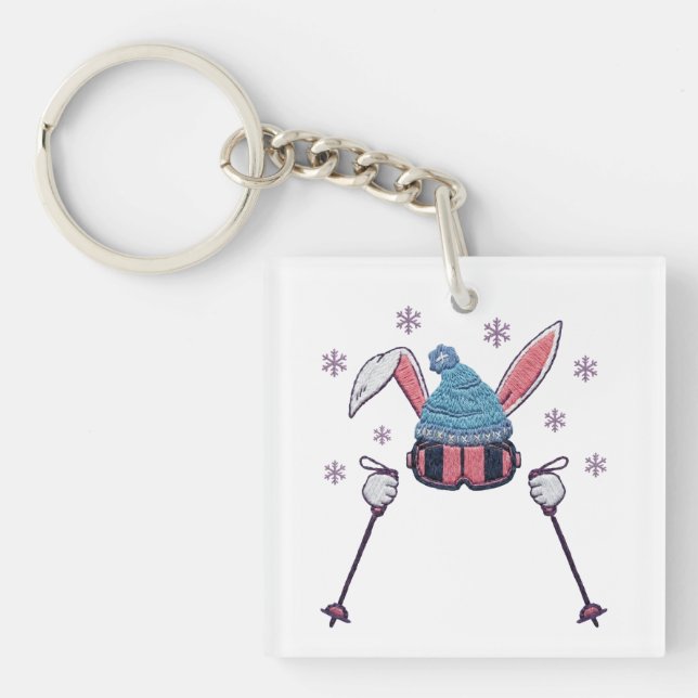 Faux yarn skiing rabbit winter humor keychain (Front)