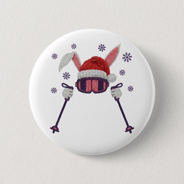 Faux yarn skiing rabbit with Santa hat winter humo Button (Front)