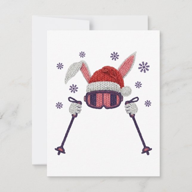 Faux yarn skiing rabbit with Santa hat winter humo Note Card (Front)