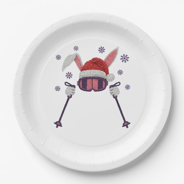 Faux yarn skiing rabbit with Santa hat winter humo Paper Plates (Front)