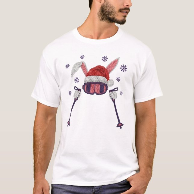 Faux yarn skiing rabbit with Santa hat winter humo T-Shirt (Front)
