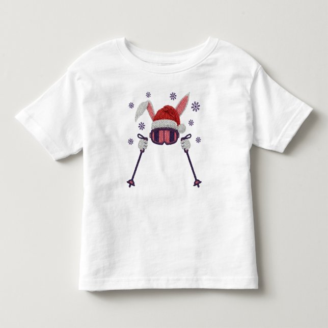 Faux yarn skiing rabbit with Santa hat winter humo Toddler T-shirt (Front)