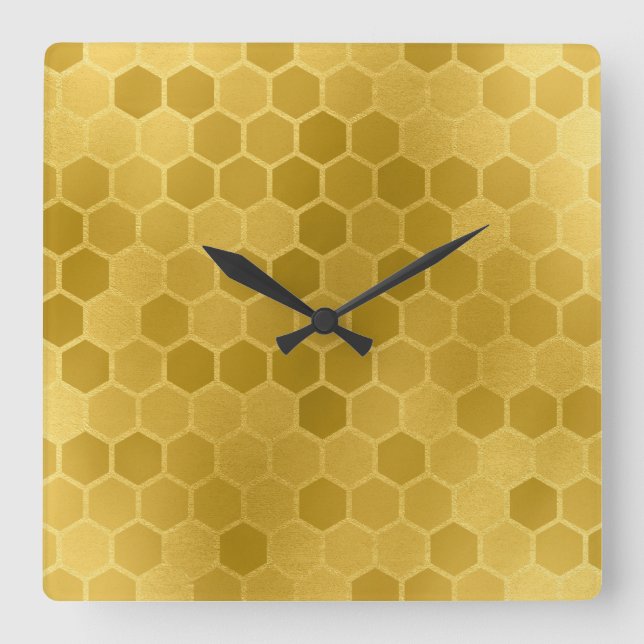 Faux Yellow Gold Hexagon Pattern Square Wall Clock (Front)