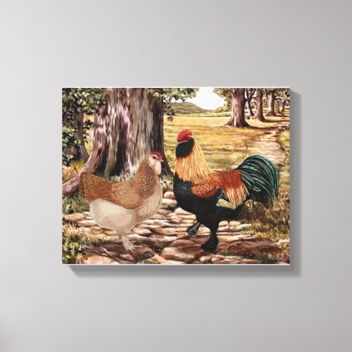 Faverolle Salmon Rooster and Hen in Wooded Setting Canvas Print
