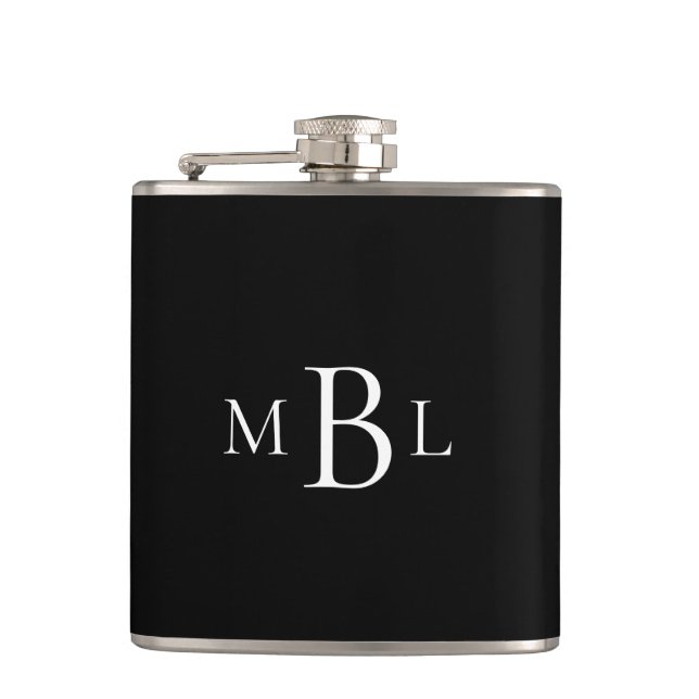 Favor Bachelor Party White Monogram Black Flask (Front)
