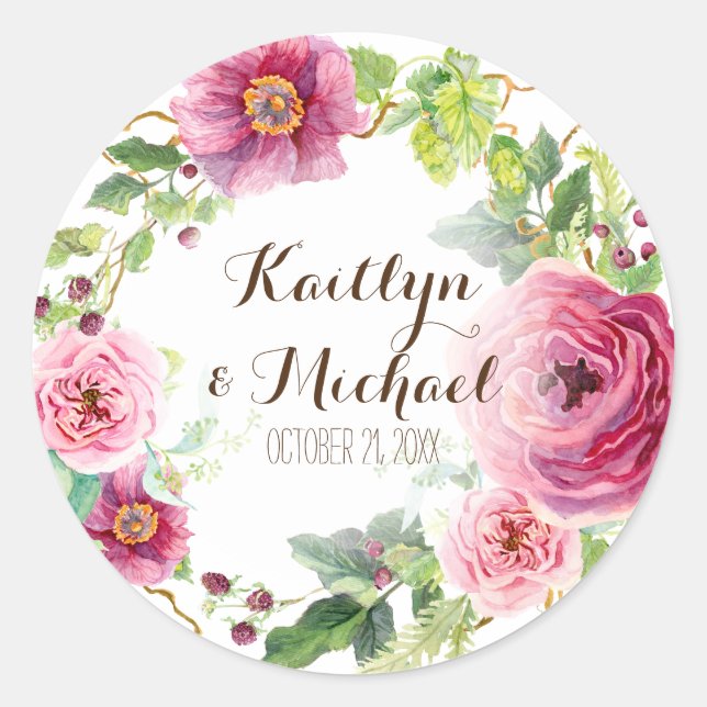 Favor Gift Bag Stickers Romantic Floral Wreath (Front)