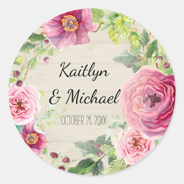 Favor Gift Bag Stickers Rustic Wood Floral Wreath (Front)