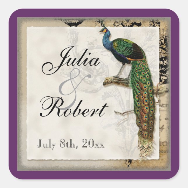 Favor Gift Matching Sticker - Vintage Peacock 6 (Front)