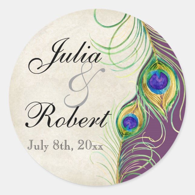 Favor Gift Sticker - Peacock Feathers Wedding Seal (Front)