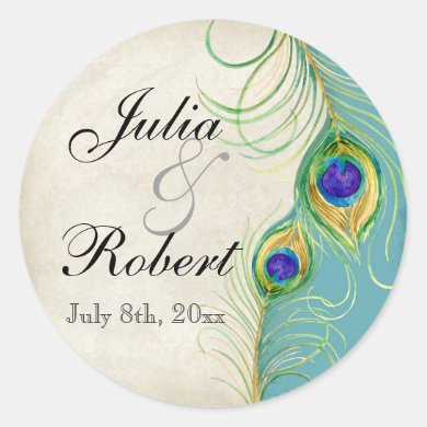 Favor Gift Sticker - Peacock Feathers Wedding Seal