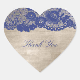 Favor Heart Ivory Cram Blue Navy Lace Thank You Sticker