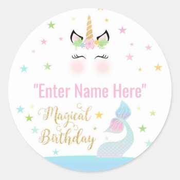 Favor Sticker | Mermaid Tail And Unicorn Birthday by SimplySweetParties at Zazzle
