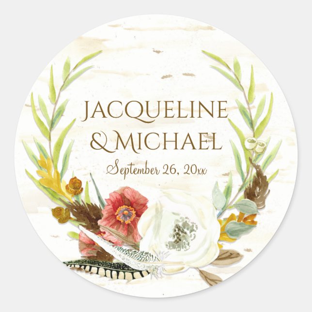 Favor Stickers Birch Wood Eucalyptus Leaf Wreath (Front)