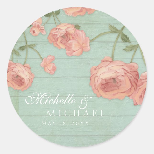 Favor Stickers Bridal Shower Blush Peach Rose Wood (Front)