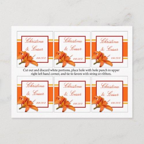 Favor Tags Orange Tiger Lilly wStripes Red Yellow Postcard