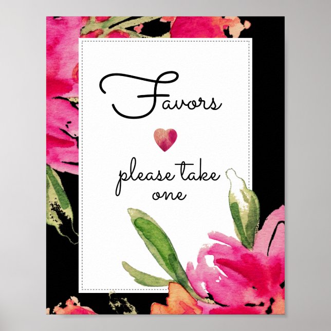 Favor Wedding Sign | Watercolor Fuchsia Flowers (Front)