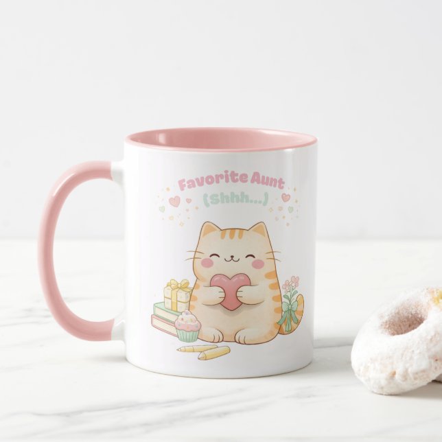 Favorite Aunt Shh Cute Kawaii Kitty Cat Sweet Pink Mug (With Donut)