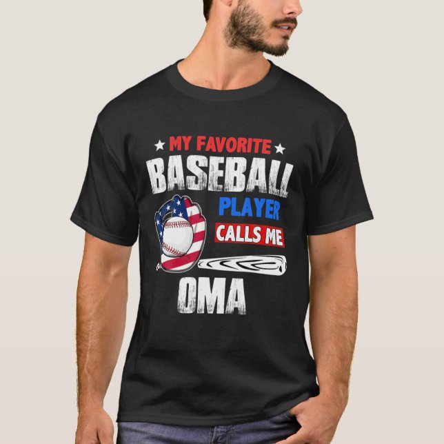Favorite Baseball Player Calls Me Oma US Flag T-Shirt (Front)