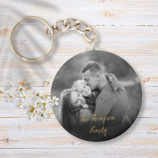 Favorite Family Black and White Photo Gold Script Keychain