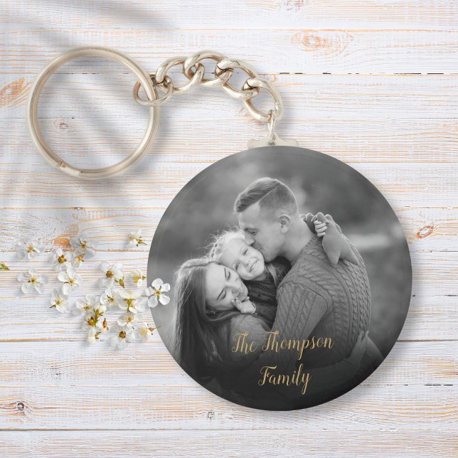 Favorite Family Black and White Photo Gold Script Keychain (Creator Uploaded)
