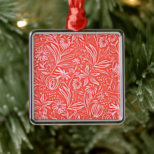 Favorite Floral Pattern, Red, Metal Ornament (Tree)