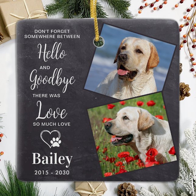 Favorite Hello Custom 2 Photo Pet Dog Memorial Ceramic Ornament (Creator Uploaded)