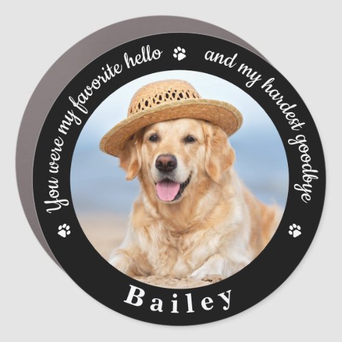Favorite Hello Custom Photo Pet Dog Memorial Car Magnet - Honor your best friend with a custom photo pet memorial car magnet. This unique memorial keepsake is the perfect gift for yourself, family or friends to pay tribute to your loved one. This unique dog memorial car magnet features a simple black and white design with decorative script.
Quote "You were my favorite hello and my hardest goodbye".
Customize with favorite dog, cat animal photo, name. 
COPYRIGHT © 2020 Judy Burrows, Black Dog Art - All Rights Reserved. Favorite Hello Custom Photo Pet Dog Memorial Car Magnet 