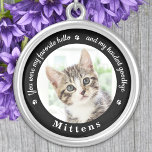Favorite Hello Hardest Goodbye Photo Cat Memorial Silver Plated Necklace<br><div class="desc">Honor your best friend with a custom photo pet memorial necklace. This unique memorial keepsake is the perfect gift for yourself, family or friends to pay tribute to your loved one. This unique dog memorial necklace features a simple black and white design with decorative script. Quote "You were my favorite...</div>