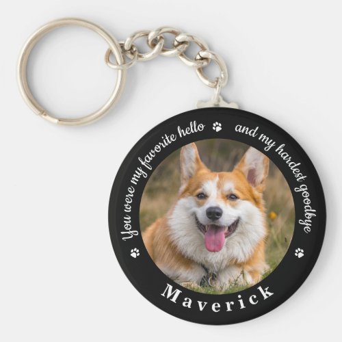 Favorite Hello Hardest Goodbye Photo Pet Memorial Keychain - Honor your best friend with a custom photo pet memorial keychain. This unique memorial keepsake is the perfect gift for yourself, family or friends to pay tribute to your loved one. This unique dog memorial keychain features a simple black and white design with decorative script.
Quote "You were my favorite hello and my hardest goodbye".
Customize with favorite dog, cat animal photo, name. 
COPYRIGHT © 2020 Judy Burrows, Black Dog Art - All Rights Reserved. Favorite Hello Hardest Goodbye Photo Pet Memorial keychain