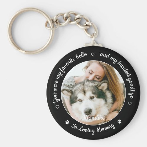 Favorite Hello Hardest Goodbye Photo Pet Memorial Keychain - Honor your best friend with a custom photo pet memorial keychain. This unique memorial keepsake keychain is the perfect gift for yourself, family or friends to pay tribute to your loved one. This unique dog memorial keychain features a simple black and white design with decorative script.
Quote "You were my favorite hello and my hardest goodbye ~ In Loving Memory".
Customize with favorite dog, cat animal photo, name. 
COPYRIGHT © 2020 Judy Burrows, Black Dog Art - All Rights Reserved. Favorite Hello Hardest Goodbye Photo Pet Memorial keychain