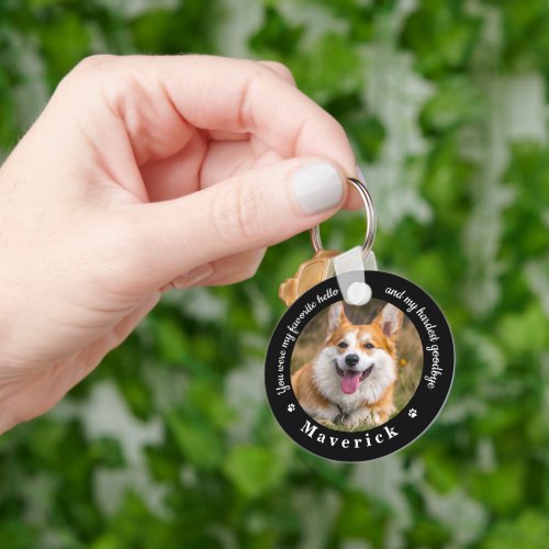 Favorite Hello Hardest Goodbye Photo Pet Memorial Keychain - Honor your best friend with a custom photo pet memorial keychain. This unique memorial keepsake is the perfect gift for yourself, family or friends to pay tribute to your loved one. This unique dog memorial keychain features a simple black and white design with decorative script.
Quote "You were my favorite hello and my hardest goodbye".
Customize with favorite dog, cat animal photos, name. 
COPYRIGHT © 2020 Judy Burrows, Black Dog Art - All Rights Reserved. Favorite Hello Hardest Goodbye 2Photo Pet Memorial keychain