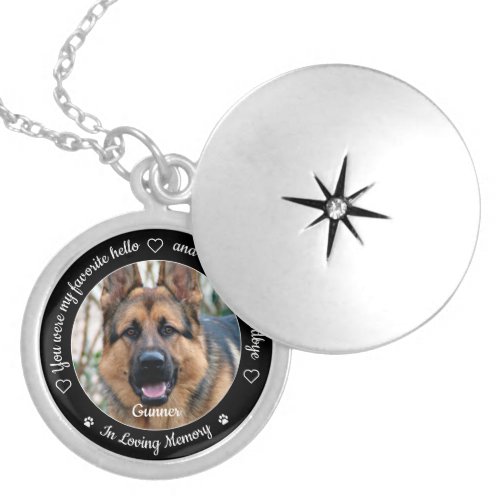 Favorite Hello Hardest Goodbye Photo Pet Memorial Locket Necklace - Honor your best friend with a custom photo pet memorial locket necklace. This unique pet memorial necklace is the perfect gift for yourself, family or friends to pay tribute to your loved one. This dog memorial necklace features a simple black and white design with decorative script.
Quote "You were my favorite hello and my hardest goodbye ~ In Loving Memory".
Customize with favorite dog, cat animal photo, name. This dog memorial locket is perfect as a Christmas keepsake. 
COPYRIGHT © 2020 Judy Burrows, Black Dog Art - All Rights Reserved. Favorite Hello Hardest Goodbye Photo Pet Memorial Locket Necklace