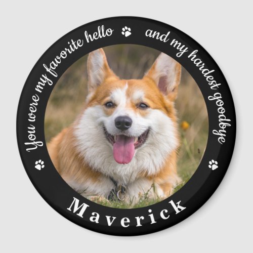 Favorite Hello Hardest Goodbye Photo Pet Memorial Magnet - Honor your best friend with a custom photo pet memorial fridge magnet. This unique memorial keepsake is the perfect gift for yourself, family or friends to pay tribute to your loved one. This unique dog memorial fridge magnet features a simple black and white design with decorative script.
Quote "You were my favorite hello and my hardest goodbye".
Customize with favorite dog, cat animal photo, name. 
COPYRIGHT © 2020 Judy Burrows, Black Dog Art - All Rights Reserved. Favorite Hello Hardest Goodbye Photo Pet Memorial magnet